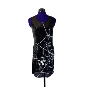 Black White Spiderweb Spider Sequins Short Sleeve Gothic Halloween Dress